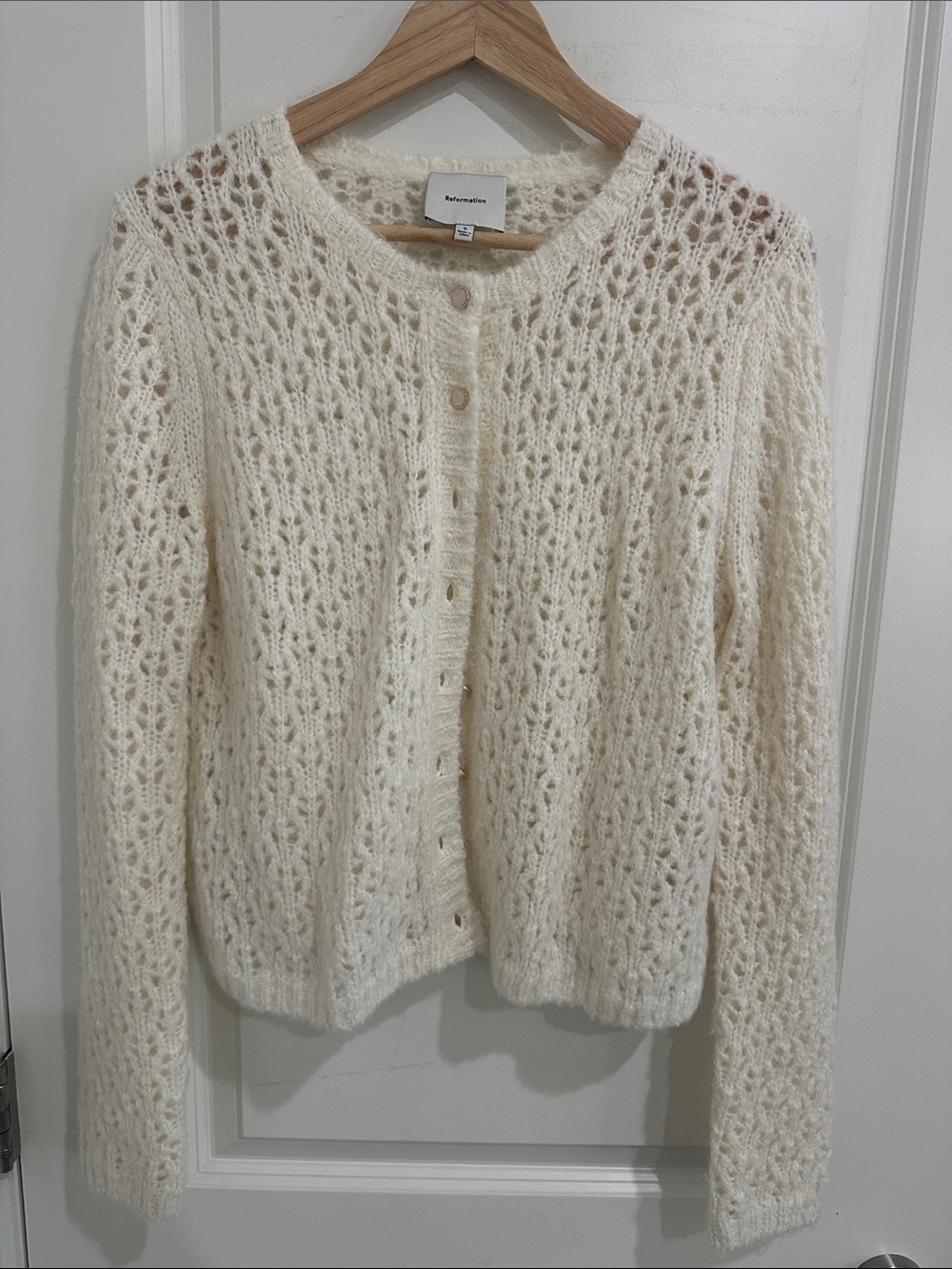 Reformation Ivory Openwork Knit Cardigan